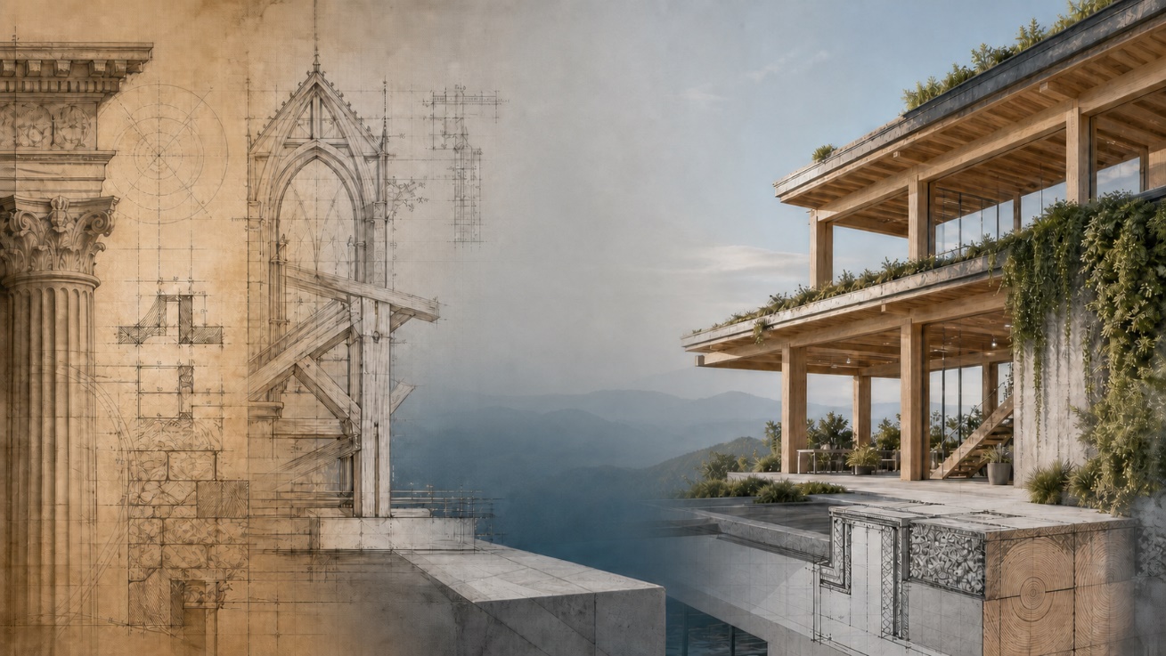 Architectural heritage and contemporary building in a natural landscape